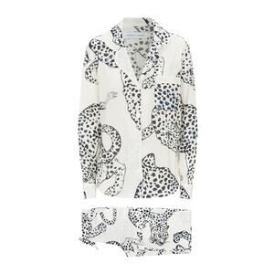 Desmond & Dempsey Jaguar Print Long Pajama Set Cream L Cotton $225 Retail